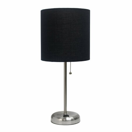 CREEKWOOD HOME Oslo 19.5in Contemporary Power Outlet Base Metal Table Lamp, Brushed Steel, Black Drum Fabric Shade CWT-2009-BK